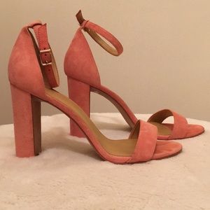 J.Crew pink suede high heeled sandals, size 9.